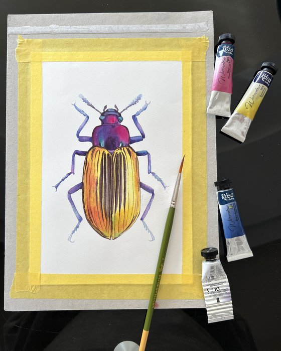 Golden beetle. Original watercolour artwork.