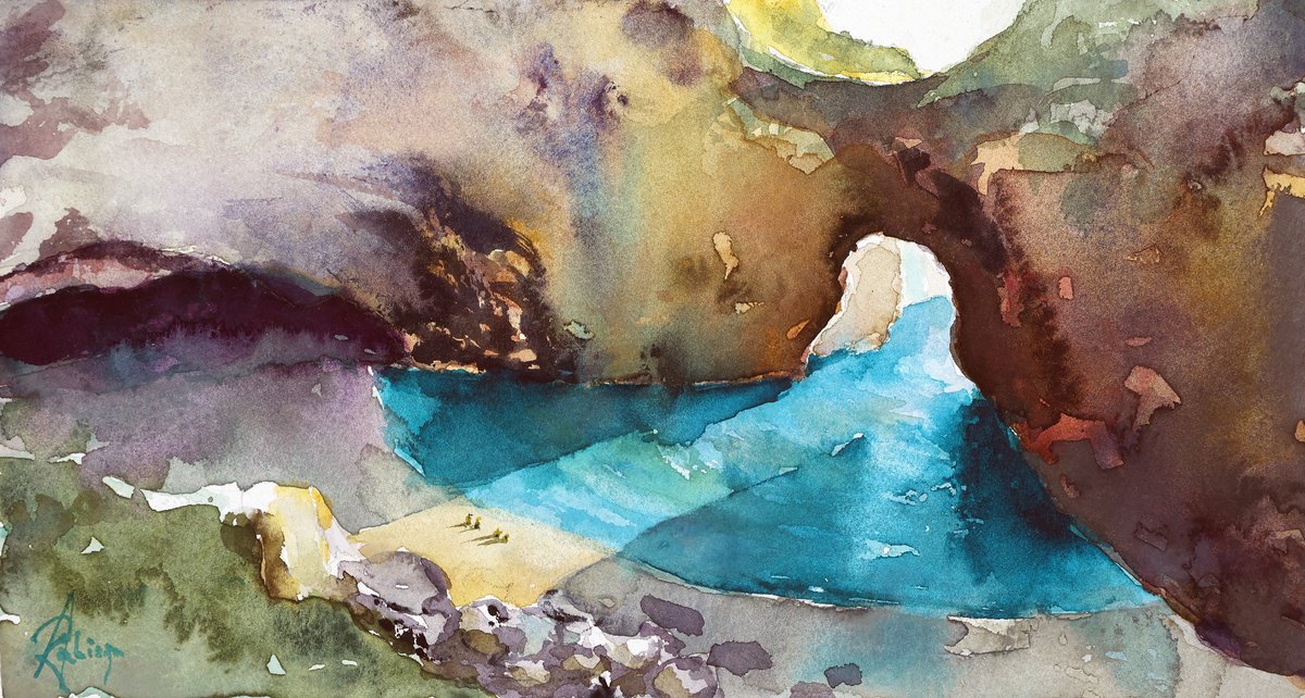 Landscape Watercolour By Andrzej Rabiega, 10 X 6, Grotta Del Saraceno, Original Artwork