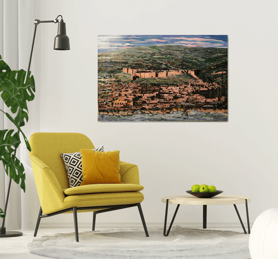 DERBENT FORTRESS. CAUCASUS. OLD CITY - landscape, original oil painting, large size, town in the mountains, ruin, architecture