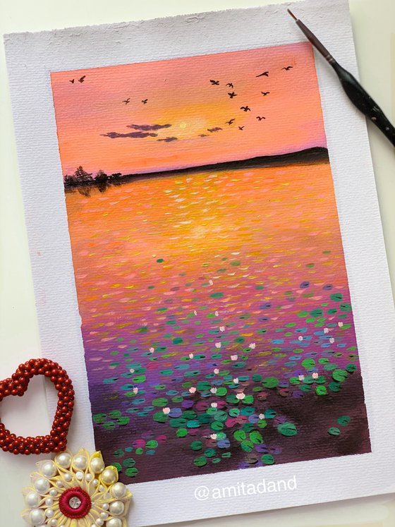 Water lily pond at sunset - 2 ! A4 size Painting on paper