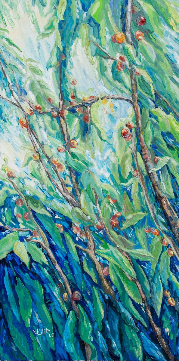 Impressionistic Landscape Oil Painting By Lilit Vardanyan, 18 X 35", Among The Sweet Cherries, Original Artwork