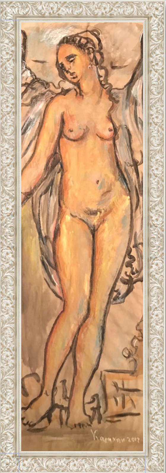 ANGEL - Graphics drawing, nude art, original painting drawing angel wings love gold beautiful female Paris - Christmas gift