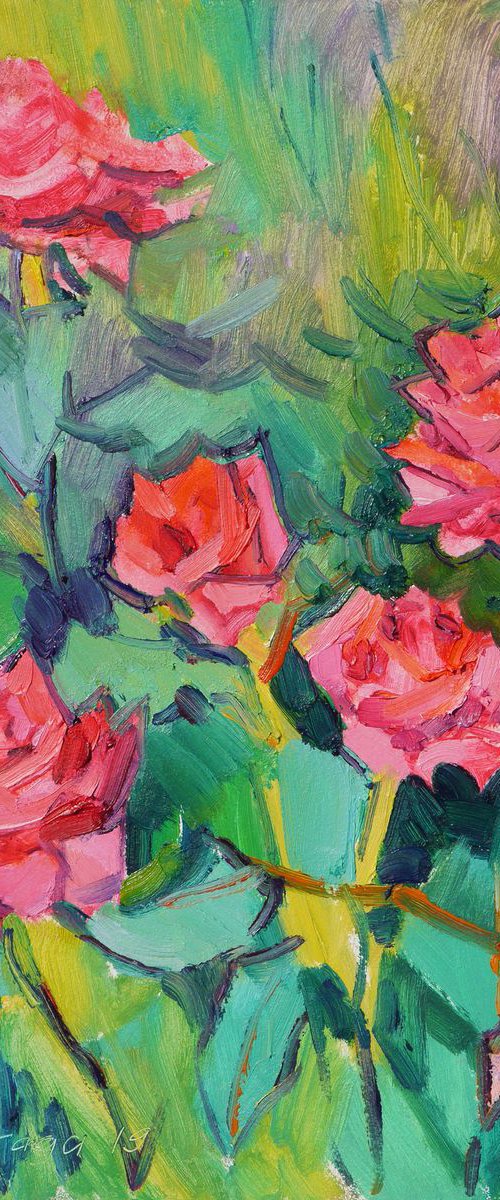Roses in a garden (plein air) original painting by Dima Braga