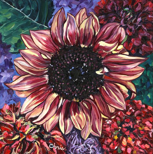Rosy Sunflower with Dahlias by Christina M Plichta