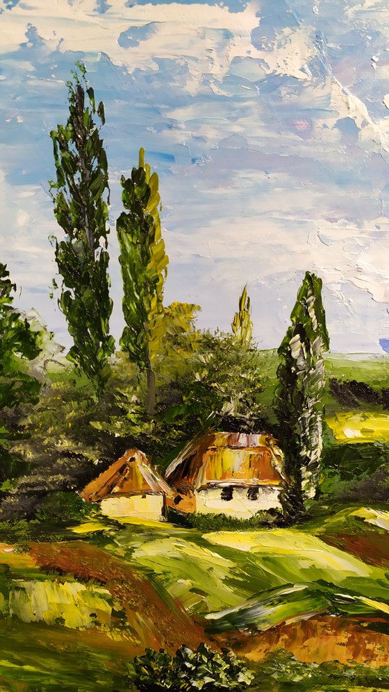 Summer view, original landscape house trees oil painting, art for home