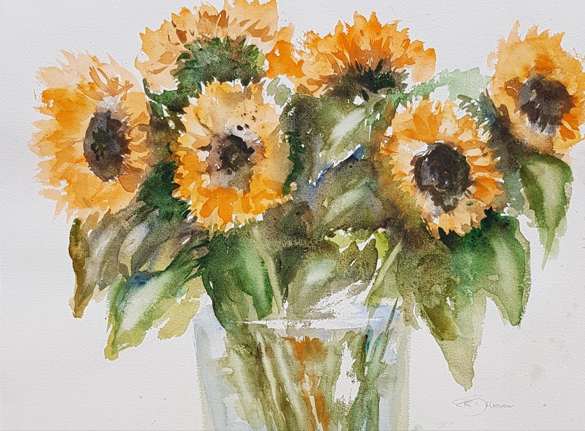 Impressionistic Botanical Watercolour By Els Driesen, 24 X 18, Sunflowers, Original Artwork