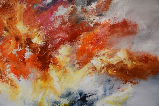 Abstract painting - Lava swell - large gray, red and orange art