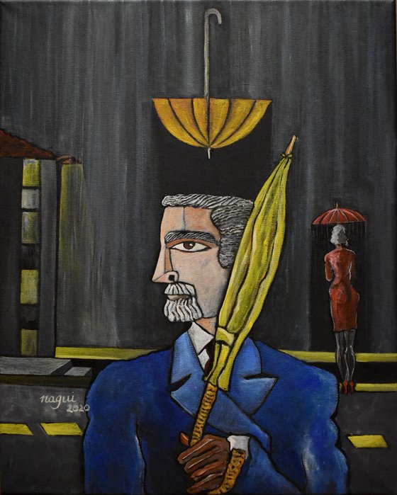The man with an unopened umbrella