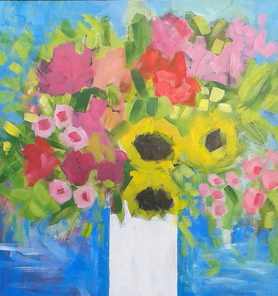 Mixed Summer Flowers in a White Vase