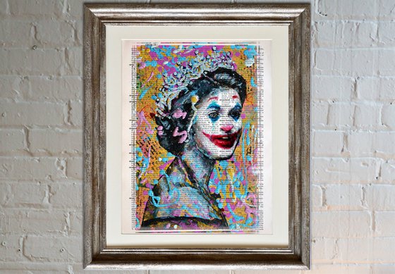 Queen Elizabeth II Like a Joker - Pop Art Collage on Large Real English Dictionary Vintage Book Page