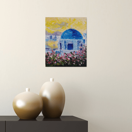 Santorini, original Greece oil painting, small gift, bedroom painting