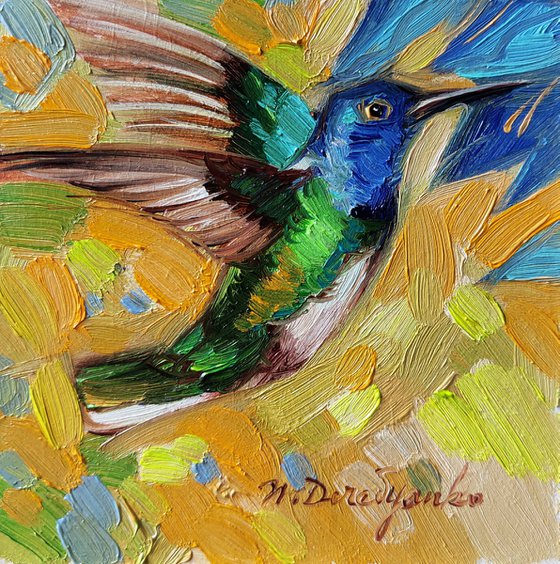 Small artwork Hummingbird oil painting original 4x4, Blue yellow art bird lover gift, Housewarming Host gift thank you