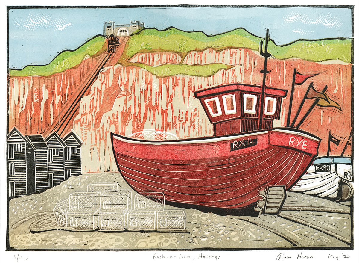Boats at Rock-a-Nore, Hastings (Red Boat). Limited Edition large linocut by Fiona Horan