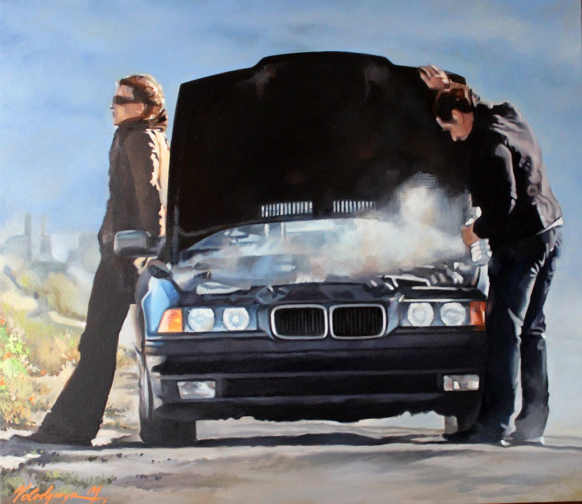 Illustrative Portrait Oil Painting By Volodymyr Melnychuk, 31 X 28", Unforeseen Stop, Original Artwork