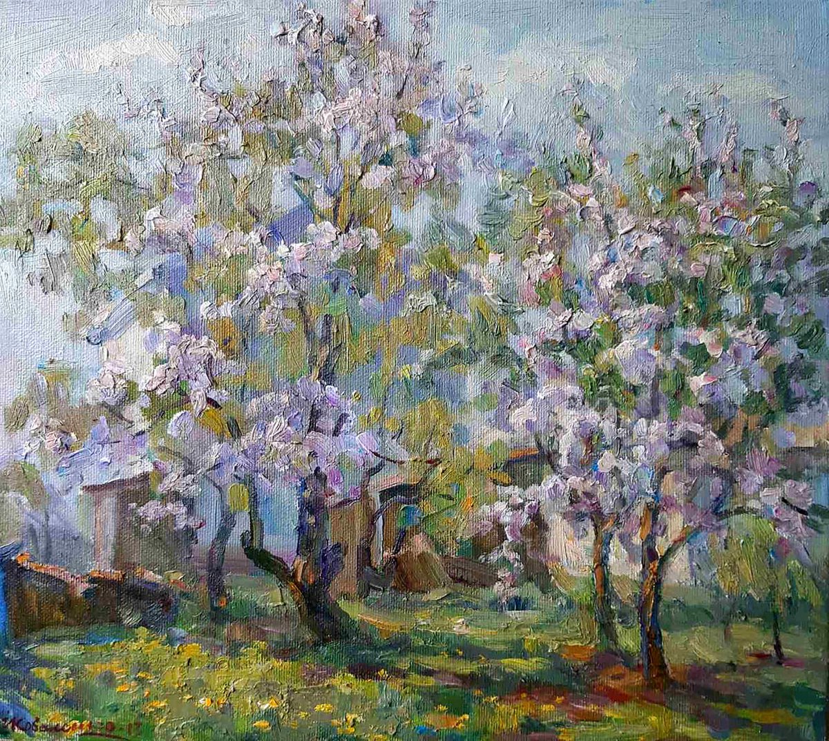Impressionistic Landscape Oil Painting By Ivan Kovalenko, 18 X 16, Trees Bloom, Original Artwork