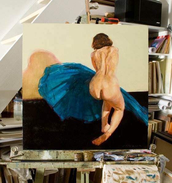 nude woman with blue on white