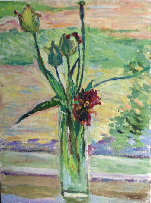 Tulips on the windowsill. Oil on canvas on board. 34 x 45.5 cm by Alexander Shvyrkov