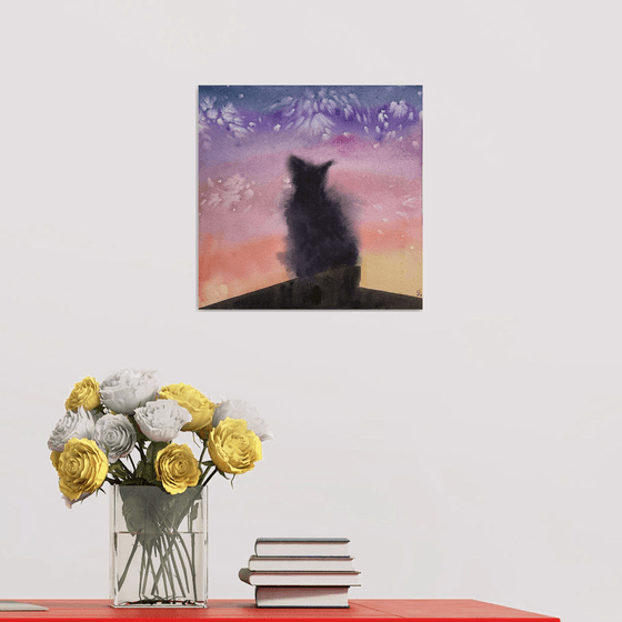 Cat Watercolor Painting, Abstract Black Cat Original Artwork, Sunset Wall Art, Cat Lover Gifts