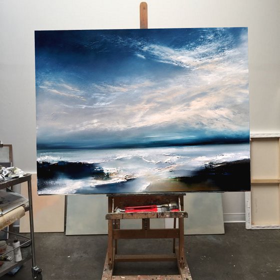 "The Prelude" abstract blue, white abstarct seascape painting 116cm x 89cm