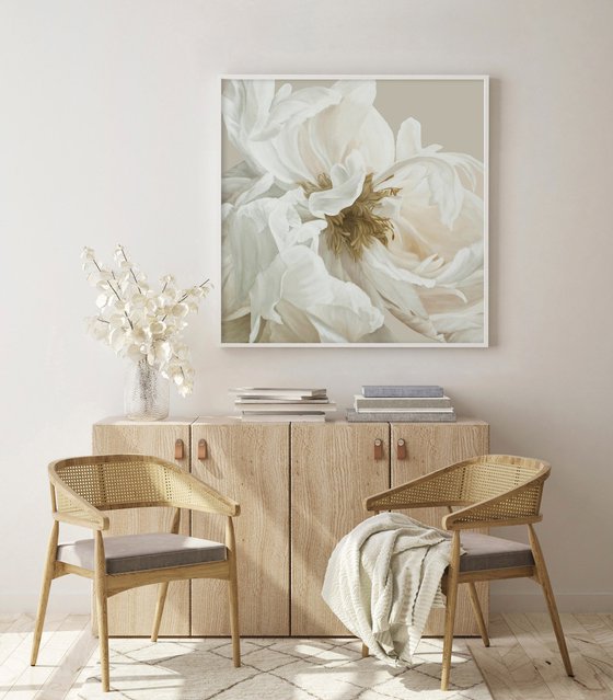 "Gray Silk Flowers 3"  White peony oil art