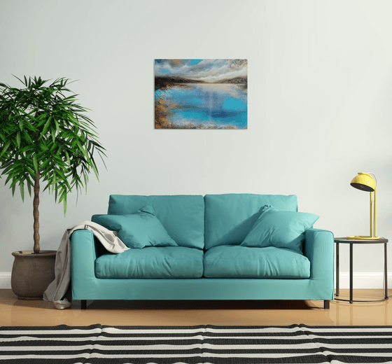 A large semi-abstract beautiful structured mixed media painting of a seascape with the sunrise "A new day" from "Silence" series