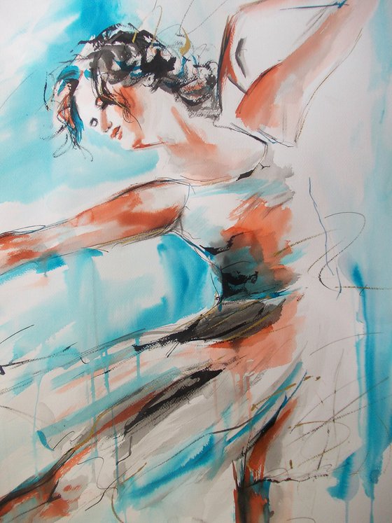 Flying Dream -Ballerina Drawing on Paper-Large Drawing