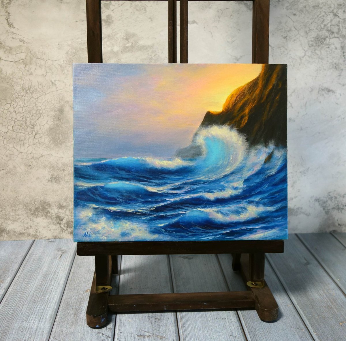 Ocean Wave Oil Painting | Small Artwork | Coastal Marine Vibes | Original  Fine Art | 4X4 inch Mini Canvas | Free Mini Easel | Seascape Art