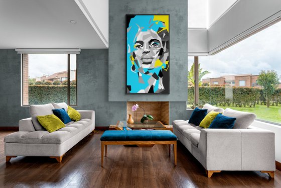 Super Big XXL Painting - "Blue&Yellow mood" - Pop Art - Bright - Neon Art - Portrait - Girl - Geometric painting