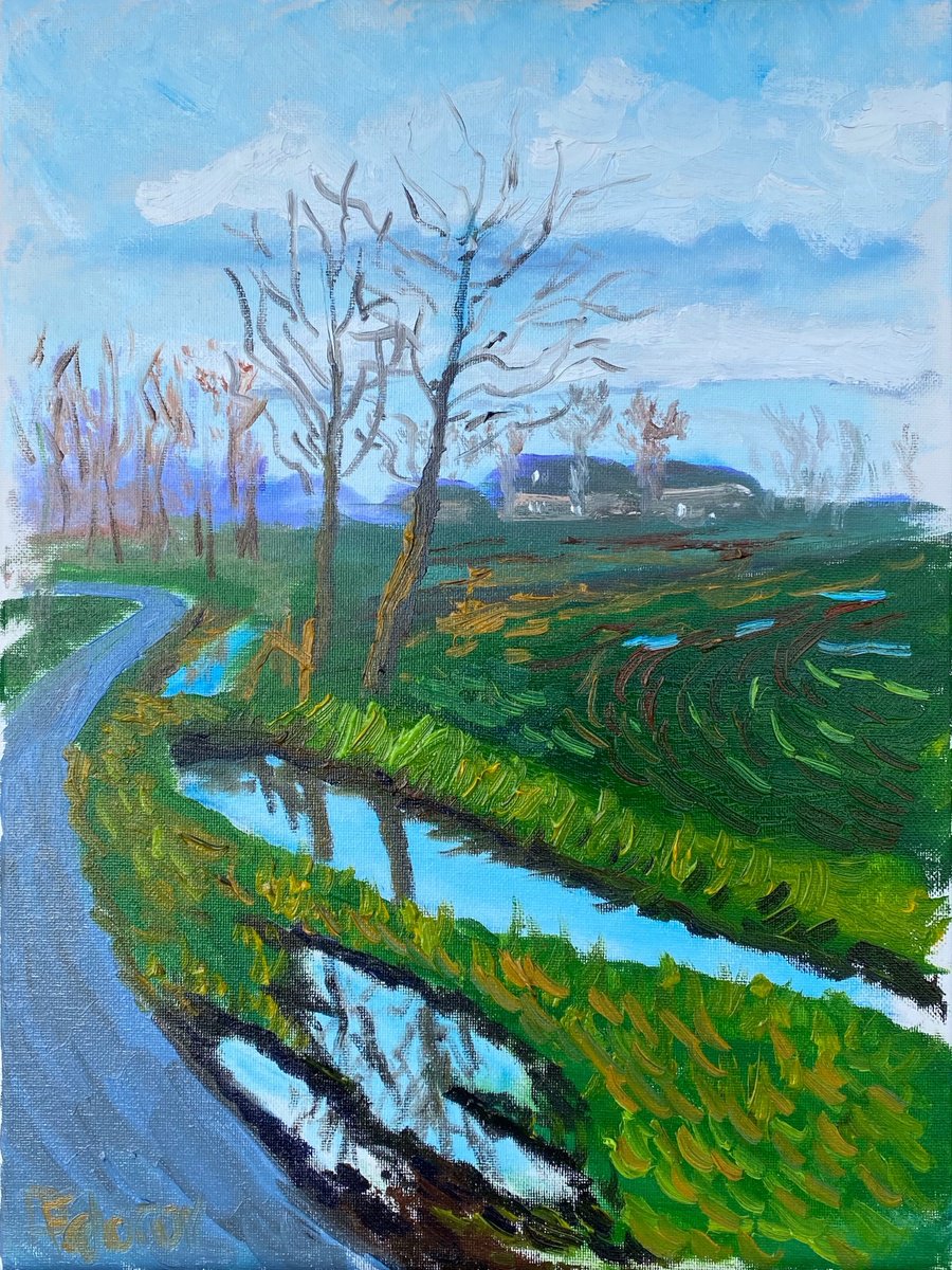 Impressionistic Landscape Oil Painting By Dmitry Fedorov, 12 X 16, Country Road Reflections, Original Artwork