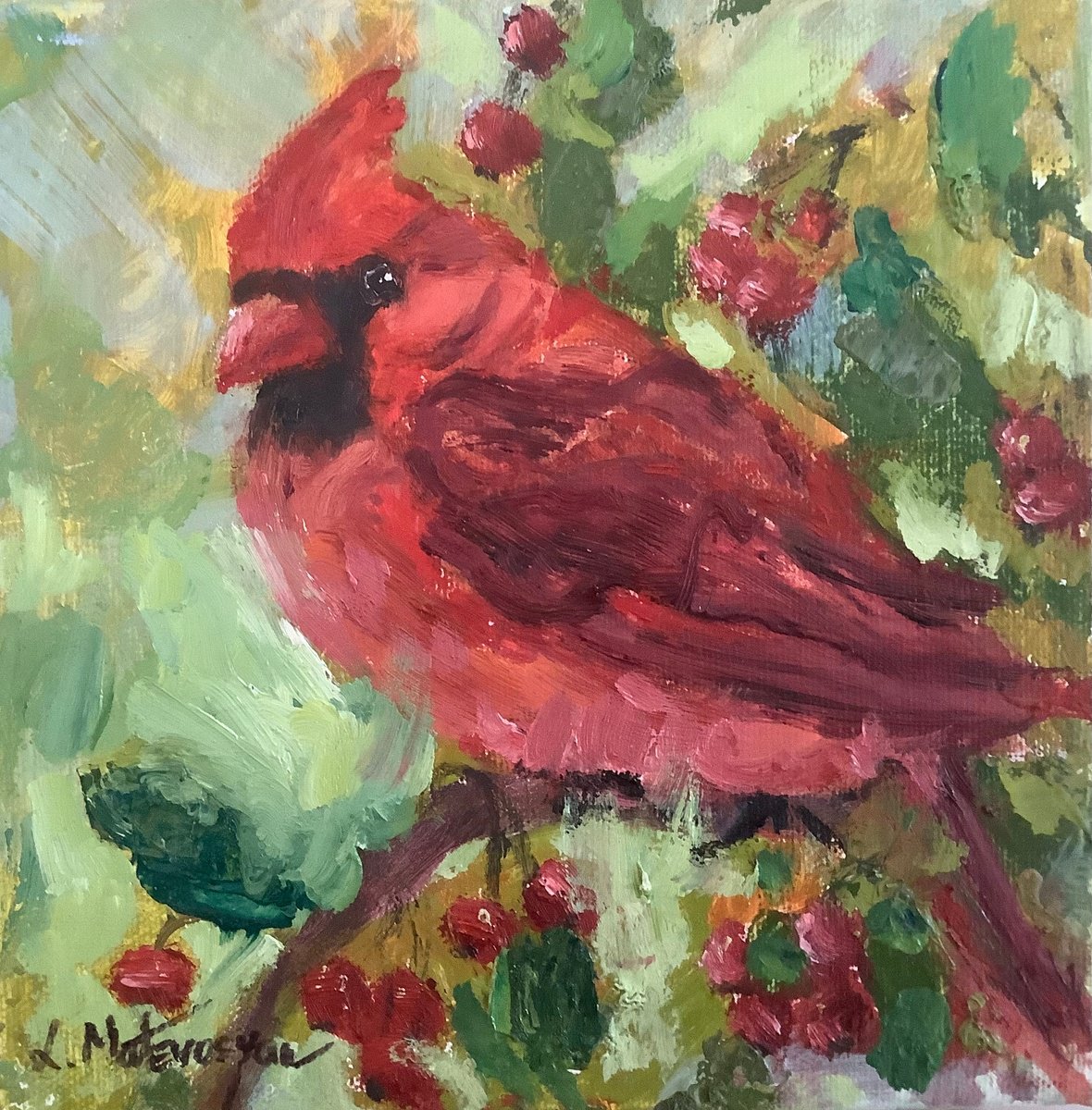 Impressionistic Animal Oil Painting By Lia Matevosyan Haselton, 8 X 8", Cardinal, Original Artwork