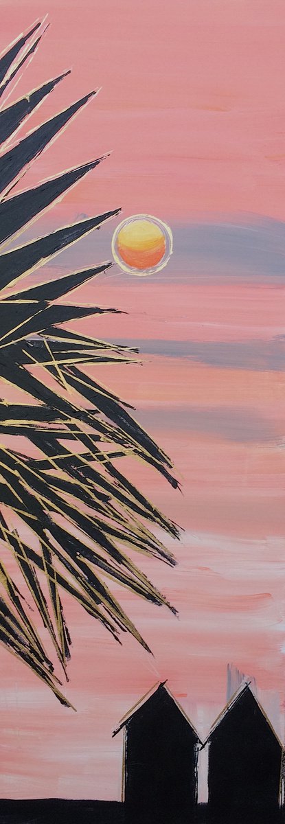 Sunset with Huts 32x12 by Lil Nutter