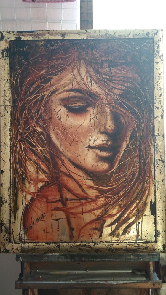 "Ginger gold", original mixed-media painting, 75.5x55.5x1 cm, ready to hang