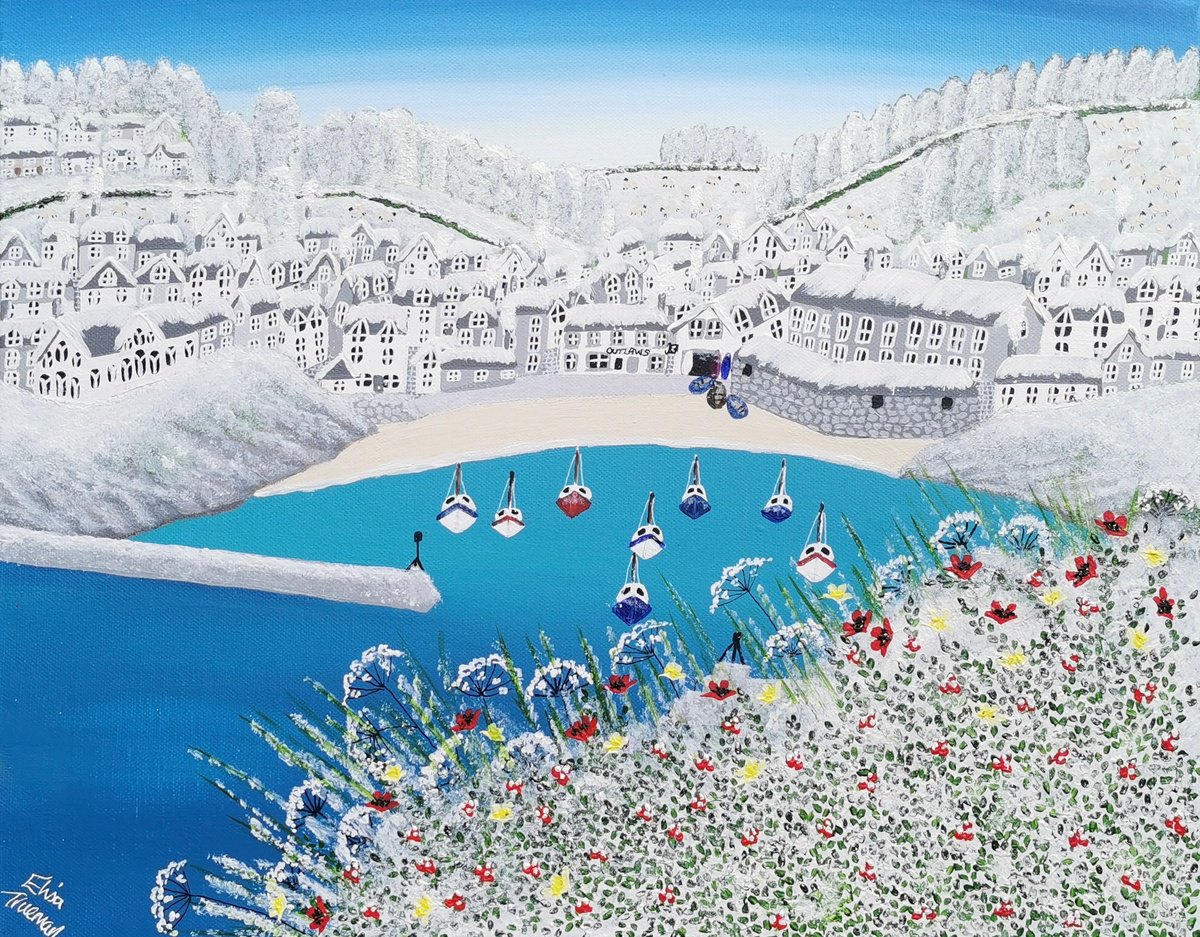 Naive Landscape Acrylic Painting By Elisa Trueman, 20 X 16, Snow Kissed Shore, Original Artwork
