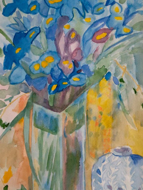 original watercolor painting blue irises in vase #bouquet in vase"Vase with blue irises "