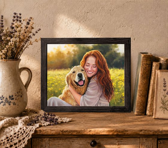 Smiling red-haired woman hugging a dog