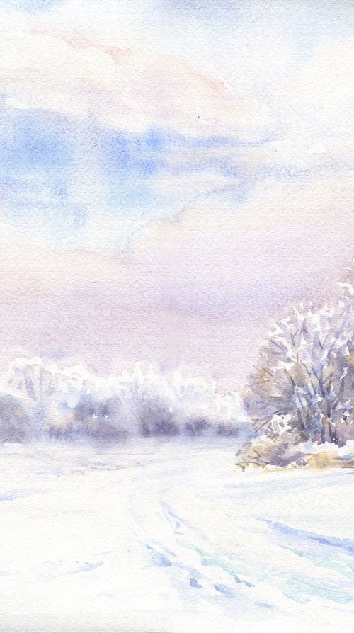 Winter morning / ORIGINAL watercolor 14x11in (38x28cm) by Olha Malko