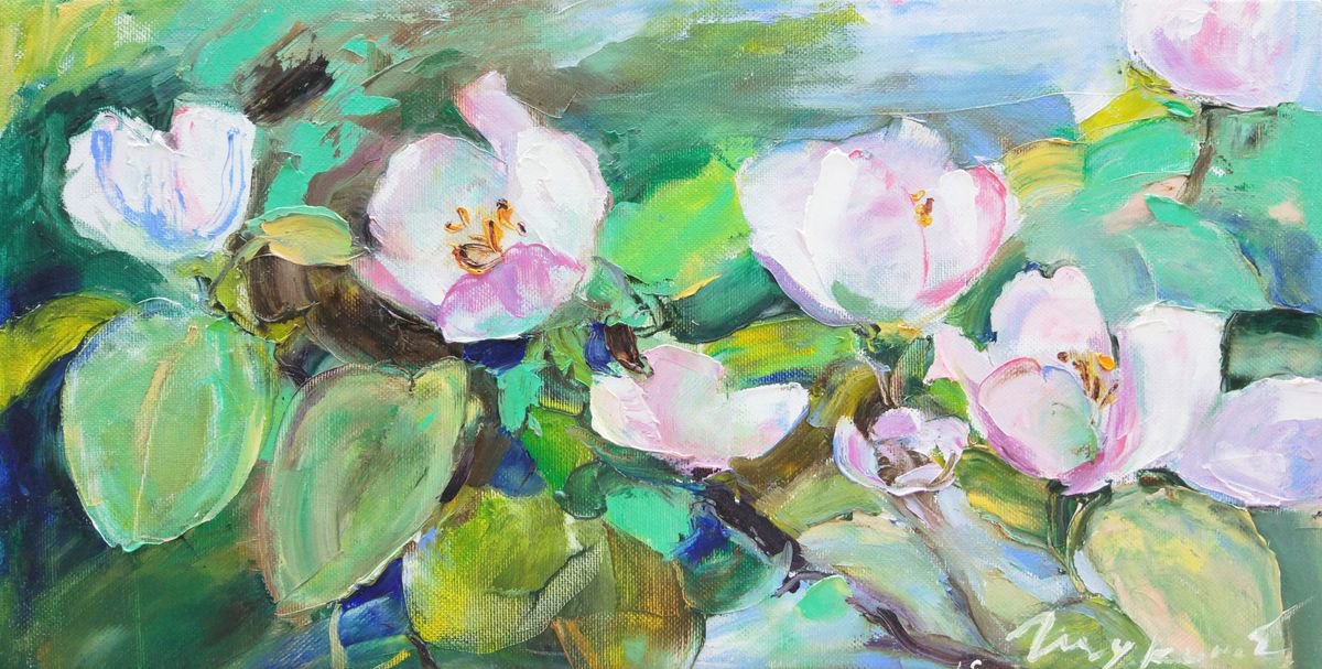 Impressionistic Botanical Oil Painting By Helen Shukina, 16 X 8, Flowering Branch Of The Quince, Original Artwork