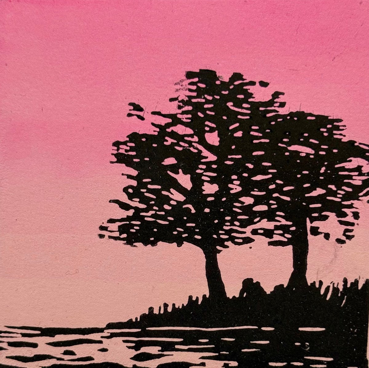 Linocut , Evening Lake, Dusk By Rebecca Denton, 7 X 7, Artwork For Sale On Artfinder