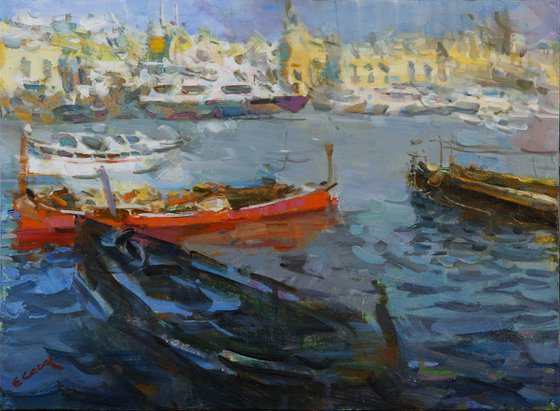 Oil Painting on Canvas "Landscape with boats"