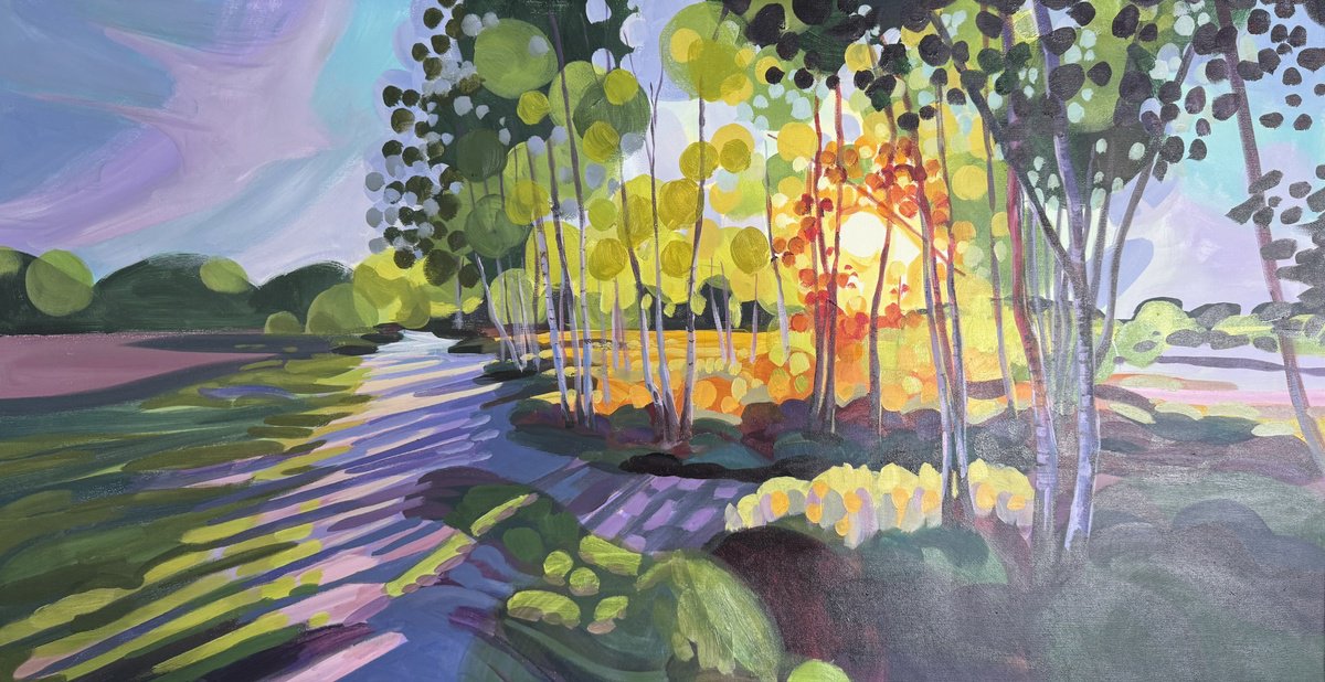 Impressionistic Landscape Acrylic Painting By Hannah Bruce, 38 X 20, Woodland Sun, Original Artwork