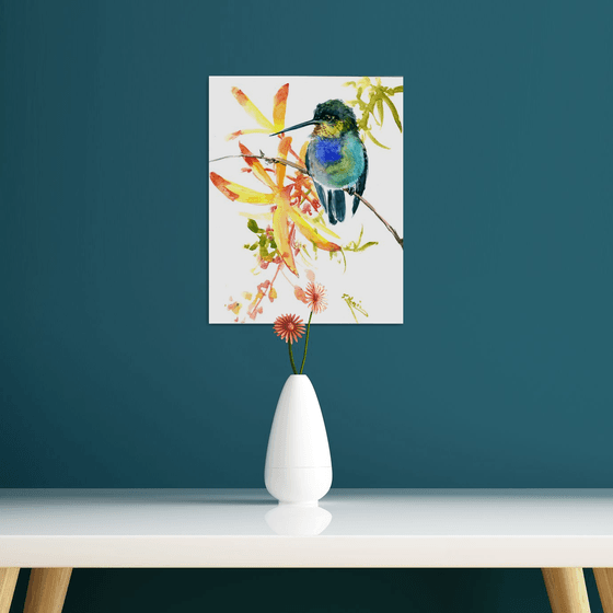 Little Hummingbird and tropical Flowers