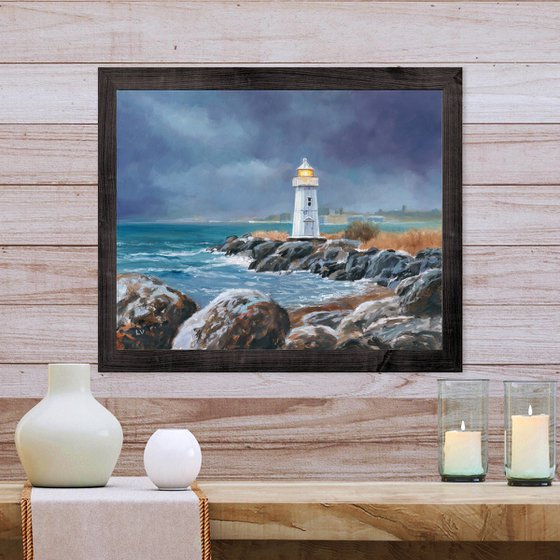 Lighthouse in blue-gray sky