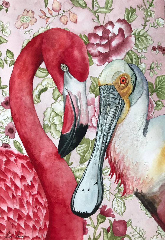 Spoonbill and Flamingo