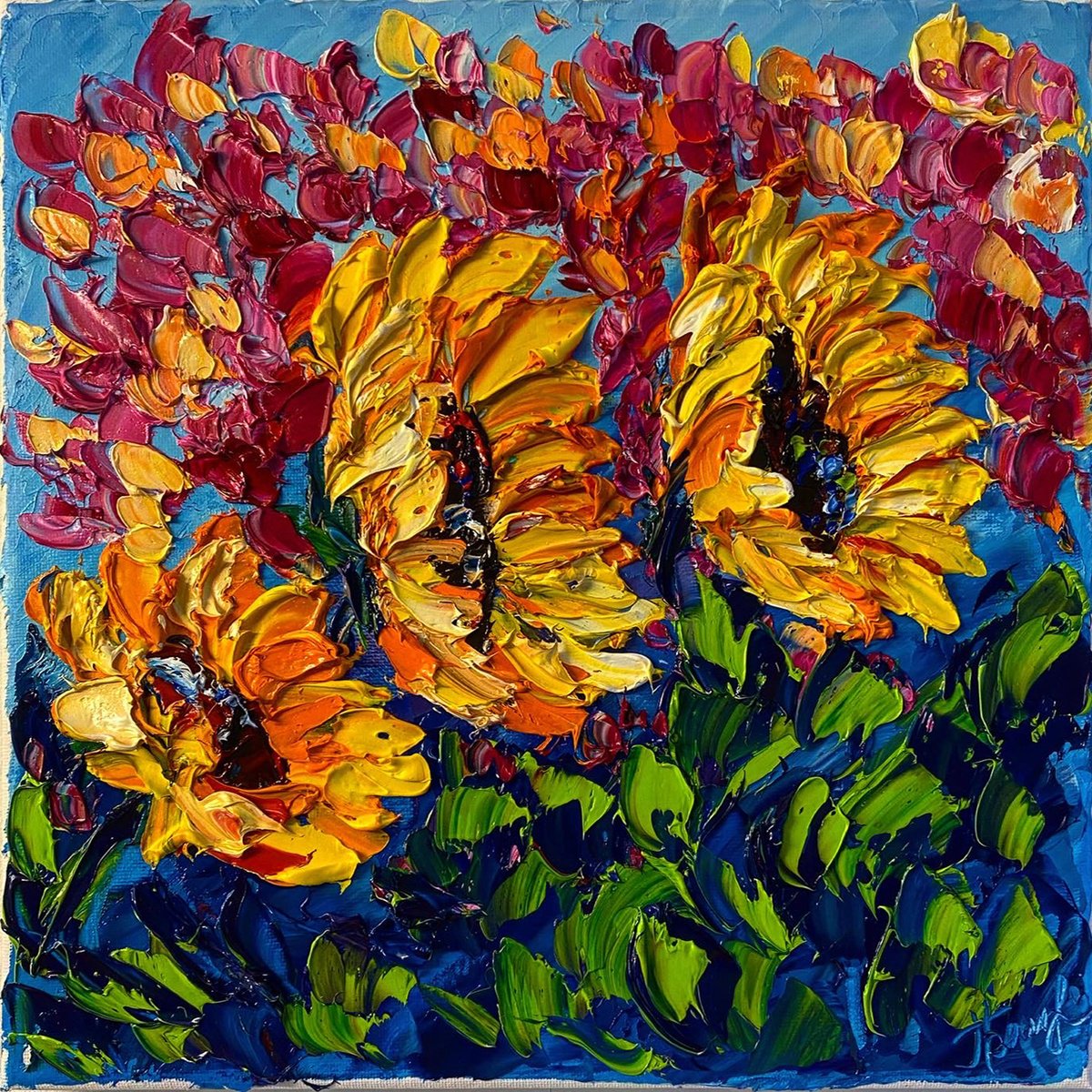 Impressionistic Botanical Oil Painting By Oksana Fedorova, 12 X 12", Sunflowers, Original Artwork