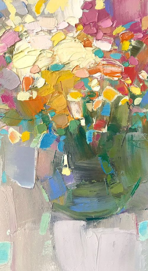 Vase of Flowers, Oil painting, One of a kind, Handmade artwork by Vahe Yeremyan