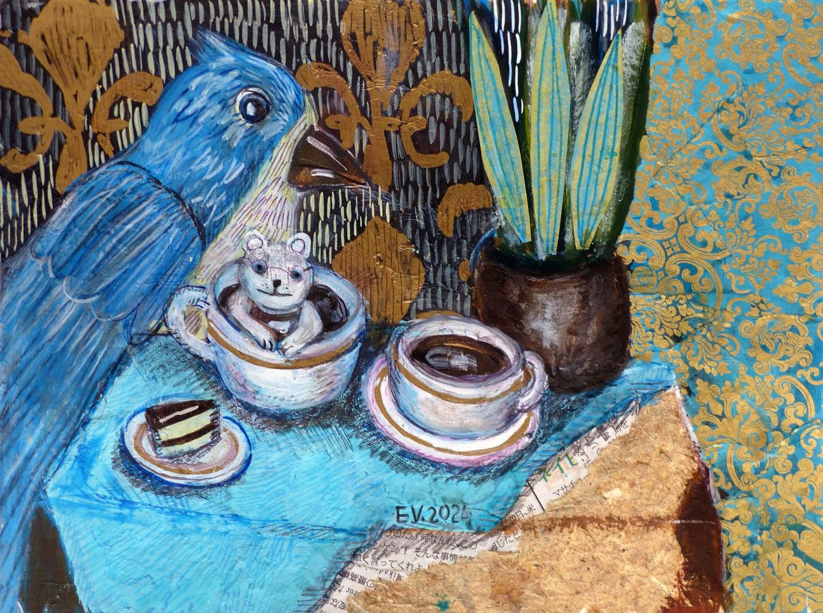 Impressionistic Still Life Painting By Elizabeth Vlasova, 12 X 9, Still Life With A Bird, Original Artwork