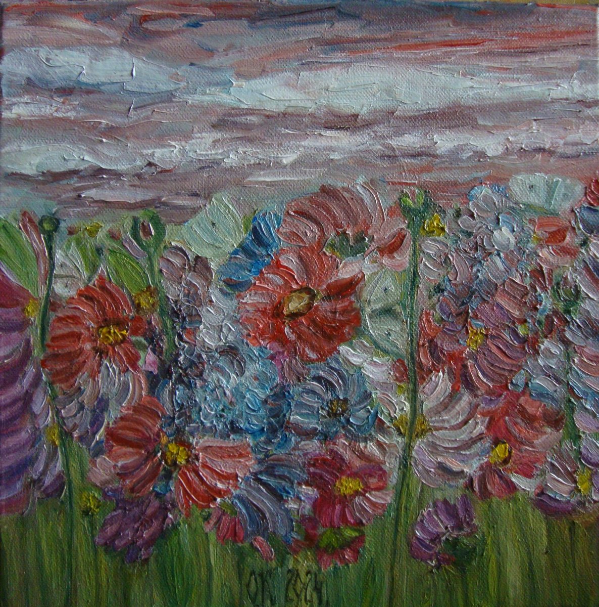 Impressionistic Botanical Oil Painting By Olga Knezevic, 12 X 12", Sweet Summer, Original Artwork