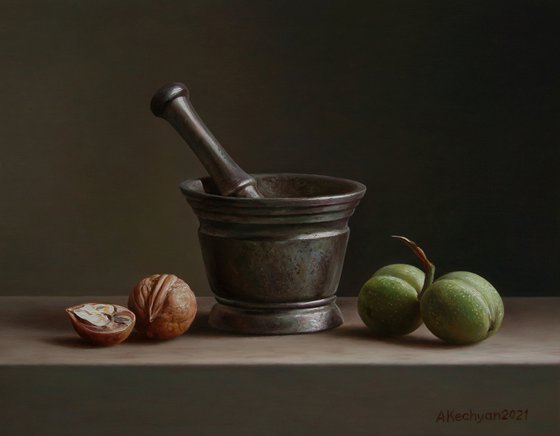 Still life with a bronze mortar