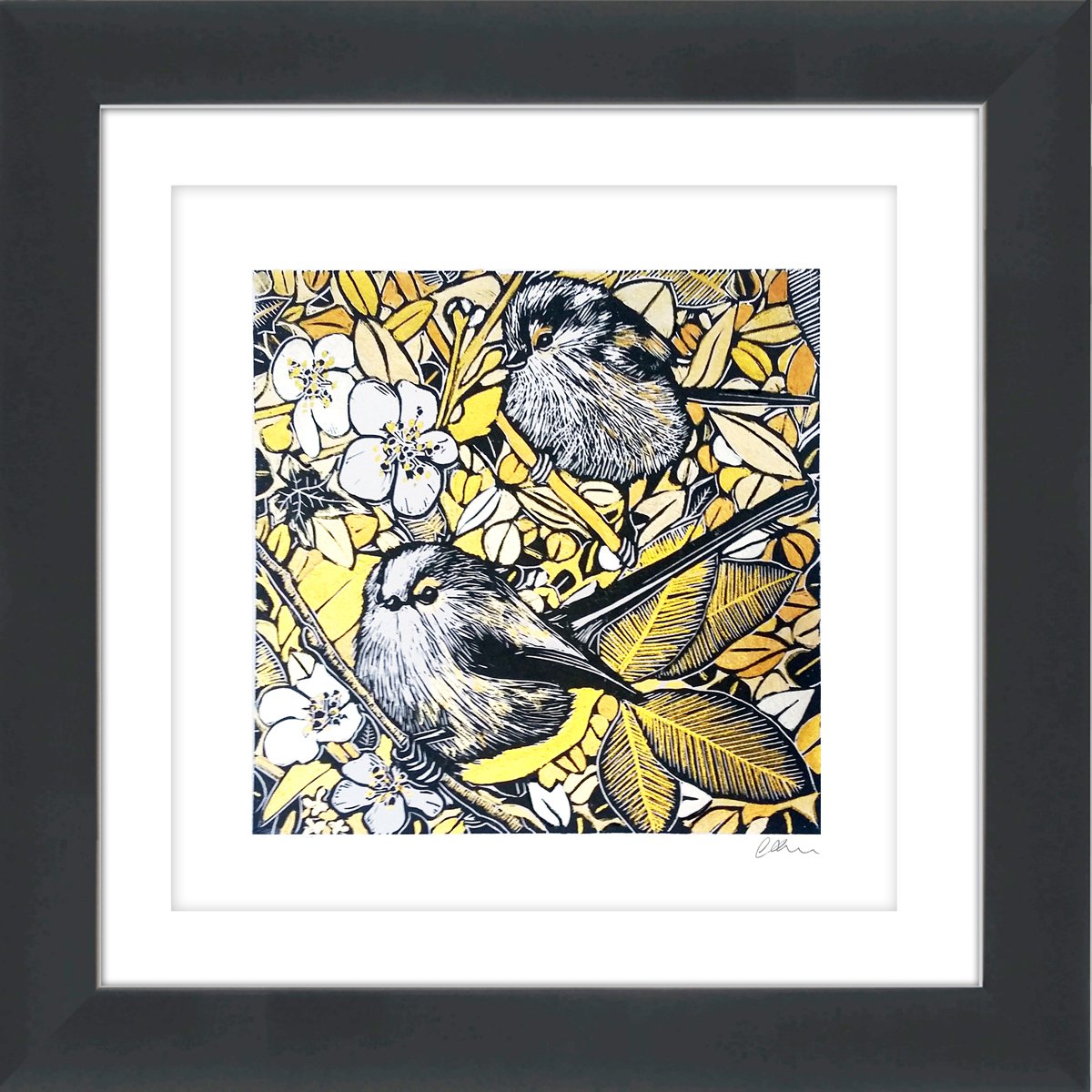 Illustrative Linocut , The Hedgerow Long Tails By Carolynne Coulson, 12 X 12, Artwork For Sale On Artfinder