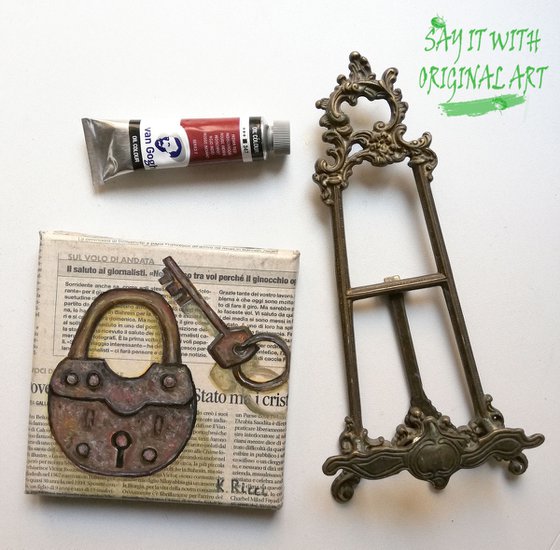 "Padlock on Newspaper" Original Oil on Canvas Painting 6 by 6 inches (15x15x0.7 cm)
